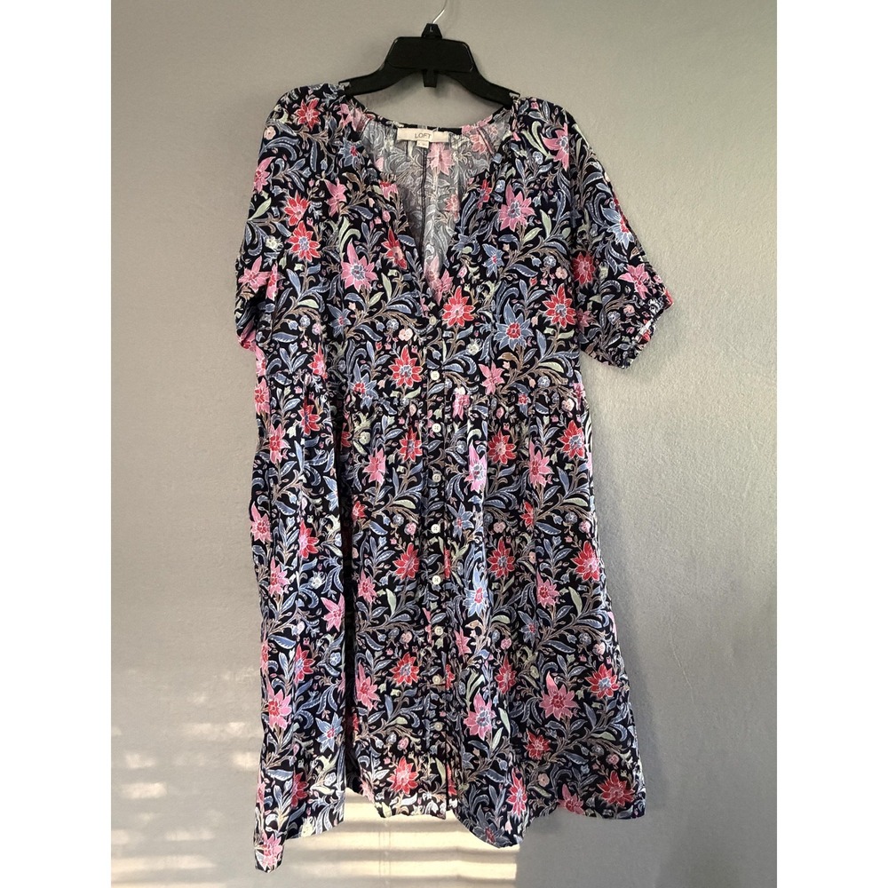 LOFT Dress Womens L Multicolor Floral V Neck Puff Sleeve Trapeze Swing Button